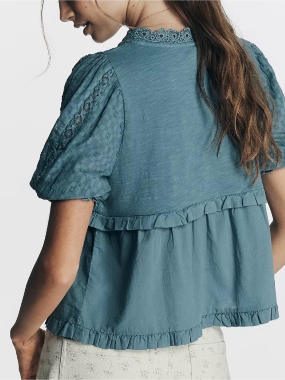 Anthropologie Women's Lace-Trim Peasant Top - Picture 2 of 3